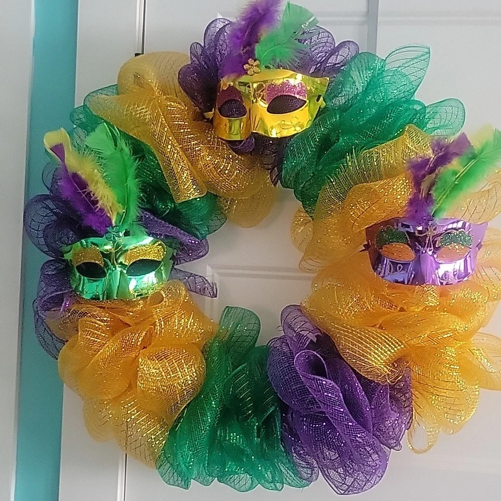 Mardi Gras wreath with lights Purple. Green Gold large wreath Handmade NWOT new